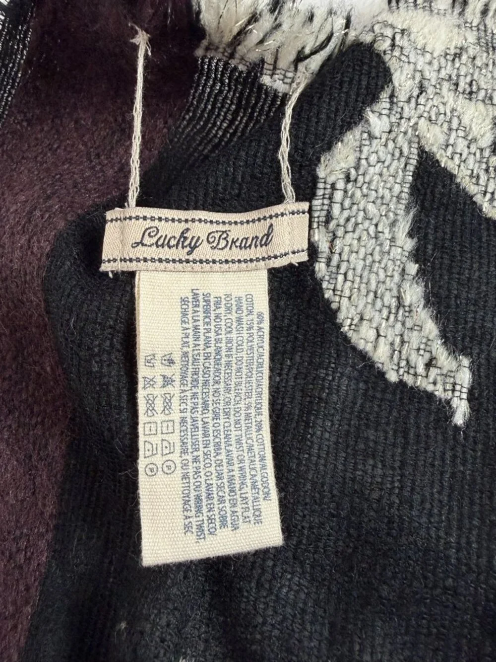 Lucky Brand Black White Botanical Leaf Scarf Metallic Fringe Wrap 74x26 Boho
